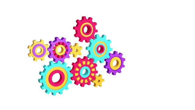 3D mechanism from different gears works. Multicolored plastic cogwheels rotate and interact. Looped render animation with alpha channel.