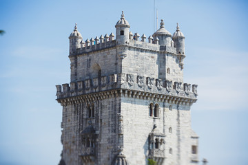 Obraz premium View of Belem district, civil parish of the municipality of Lisbon, Portugal, with Belem Tower, Torre de Belem in Portuguese, a prominent example of the Portuguese Manueline style
