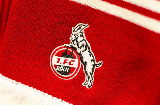 Blankenheim, Germany - July 27, 2019: 1. FC Köln or FC Cologne logo on Football Scarf