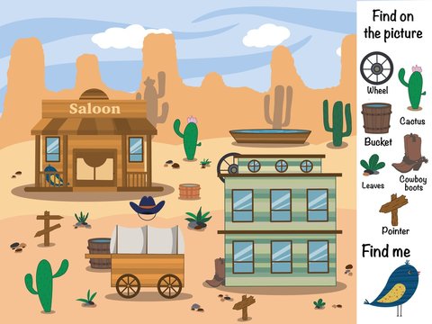 Find objects in the picture. Find and show. Find the differences. Logical game. Wild West 