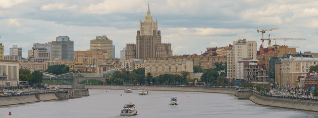 Panoramic Moscow cityscape in summer day. The highest building is the Ministry of Foreign Affairs...
