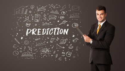 Businessman thinking with PREDICTION inscription, business education concept