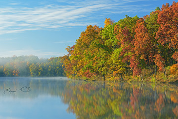 Autumn shoreline of Eagle Lake in fog with reflections in calm water, Fort Custer State Park,...