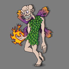 Fancy evil elf cartoon character with fireball and singed wings