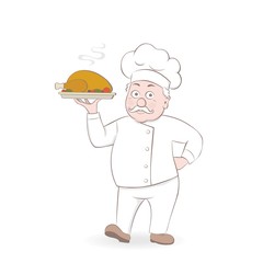 Сhef in cook cap keeping tray for hot dish and showing 