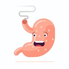 Flat vector Illustration of human stomach fire spitting cartoon character because of heartburn disease