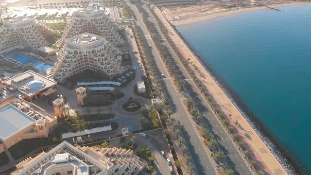 Aerial view of Marjan Island in Ras al Khaimah emirate in the UAE at sunrise