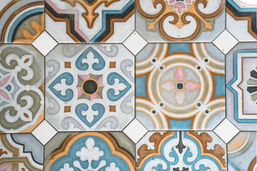 Floor with colorful ceramic geometric shapes