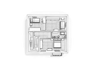 3d floor plan. Black&white floor plan. 3D illustration, sketch, outline. 