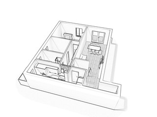 3d floor plan. Black&white floor plan. 3D illustration, sketch, outline. 