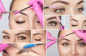 Make-up artist plucks eyebrows with tweezers to a woman before staining with henna.Makeup concept,...