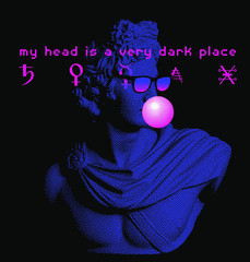 Pixel art ilustration with marble sculpture in sunglasses, Apollo Belvedere bust. Vaporwave and retrowave style collage, postmodern aesthetics of 80's.