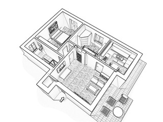 3d floor plan. Black&white floor plan. 3D illustration, sketch, outline. 