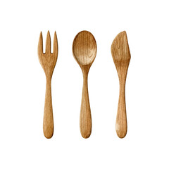 Wooden reusable cutlery: spoon, knife and fork isolated on white background. Zero waste kitchen illustration. Watercolor hand drawn clipart. Eco-friendly aesthetic.