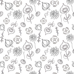 Pale gray pattern Vegetative ornament. Background of brown Kraft cardboard paper with a marker by hand. Different plants fantasy for decoration with ornament