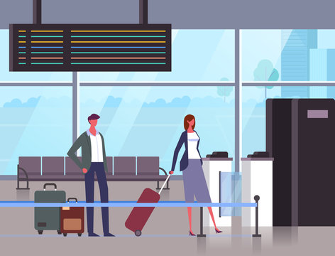 People tourist passengers characters waiting in line passport control. Vector flat cartoon graphic design illustration