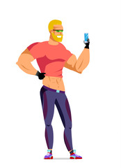 Cartoon style sporty blonde boy. Poster for fitness center advertisement poster design.