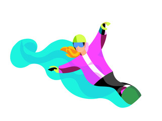 Fototapeta na wymiar Snowboard recreation area winter poster design. Cartoon style girl on sunglasses on mountain background.