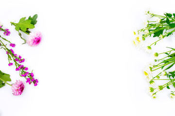 Flat layout of dahlia and jasmine flowers in white