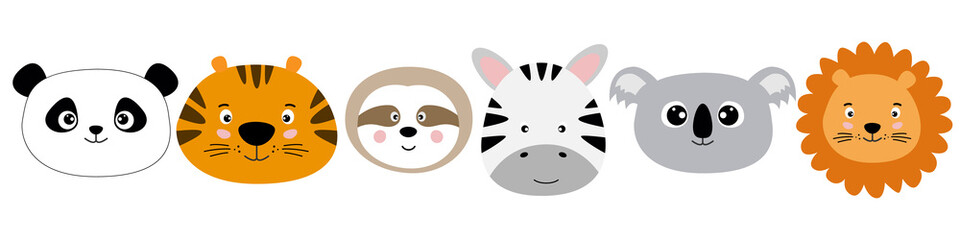 Cute cartoon characters animals panda, tiger, sloth, zebra, koala, lion kawaii flat style. © tartumedia