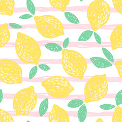 Lemons with leaves seamless vector pattern. Citrus on a pink stripes bacground. Great for printing fabric, wallpaper. Hand drawn scratch style. 