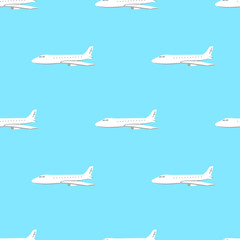 Seamless pattern with airplane on blue background. Business issue concept in flat style design. Vector illustration.