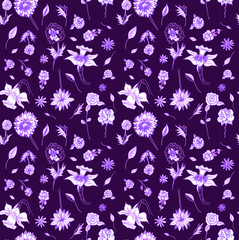 Seamless pattern of various flowers on a purple background. Print for fabric, wallpaper, paper.