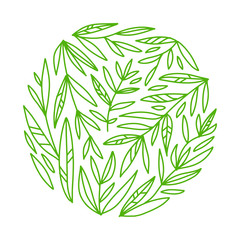 Green tea. Round leaves and branches pattern concept in an outline style. Composition with abstract hand drawn elements. Doodle style. Template for cafe menu, packaging or signboard.