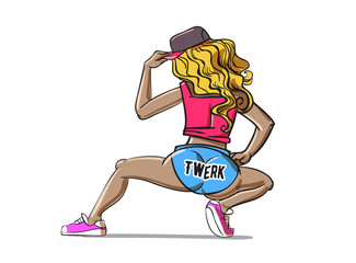 Twerk poster design. Cartoon style girl. Poster for booty dance course or battle. Vector illustration.