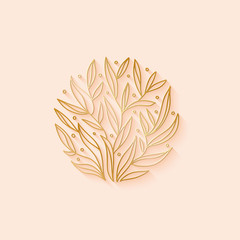 Floral plant logo design. Outline emblem brances and leaves in a circle in linear style. Vector golden abstract badge for design of natural products, flower shop, cosmetics, ecology health, spa