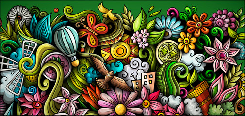Spring hand drawn doodle banner. Cartoon detailed flyer.