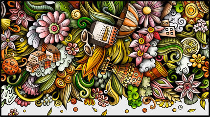 Spring hand drawn doodle banner. Cartoon detailed flyer.