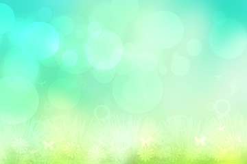 Fototapeta na wymiar Hello spring background. Abstract bright spring or summer landscape texture with natural green yellow bokeh lights, sun, flowers on meadow and blue sky. Beautiful backdrop with space.