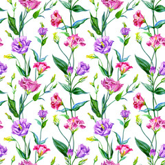 Eustoma (lisianthus) seamless pattern on a white background, watercolor illustration, background for various designs, print for fabric, paper, etc.