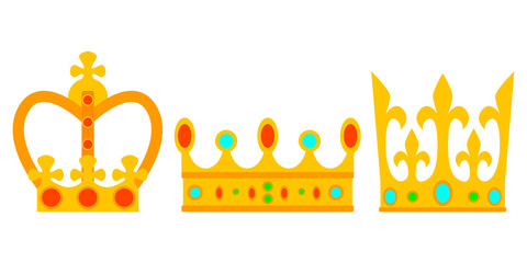 Fototapeta premium Set of gold crown with precious stones. Flat design. Vector illustration