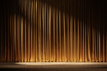 Fototapeta Theater stage with golden curtains and spotlights. 3d illustration obraz
