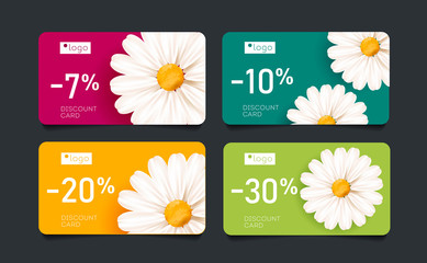 Obraz premium Set of discount cards with Bright spring blossom of chamomile flowers with percent off