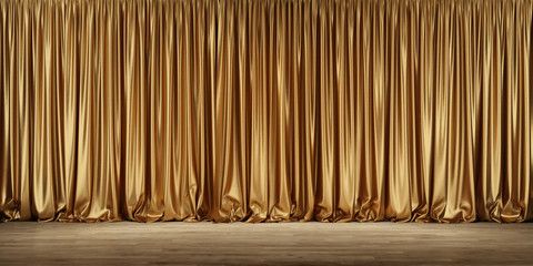 Theater stage with golden curtains.