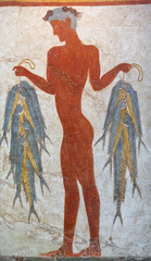 Wall painting of a young fisherman holding string of fish  from Minoan Settlement of Akrotiri on Santorini, Greece