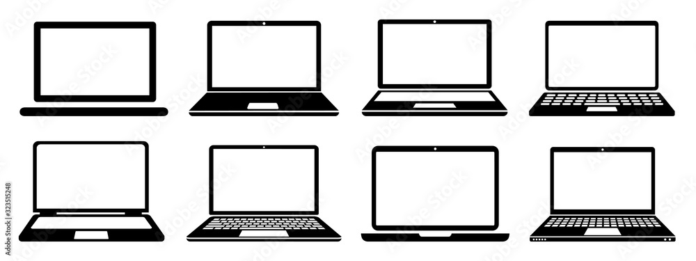 Aufkleber laptop device set icon sign, office computer - stock vector