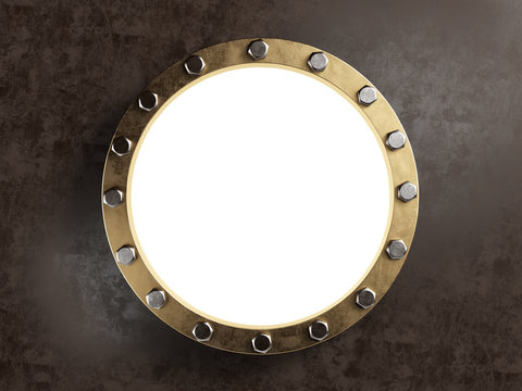 Old marine porthole with brass border. Clipping path included. 3d illustration