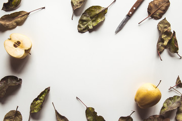 Yellow apples on a white background, wholesome food, farming, vegetarian