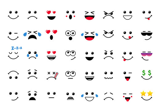 Cartoon faces with expressive eyes and mouth, smiling, crying and surprised character expressions. Caricature comic emotions or emoticon doodle. Vector smile illustration icons set