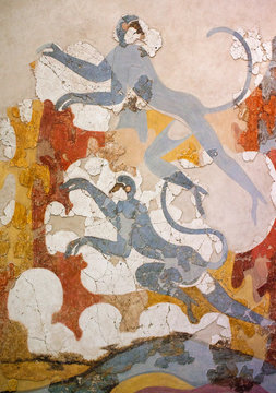 Wall painting with blue monkeys from palace of Minoan Settlement at Akrotiri on Santorini island, Cyclades, Greece
