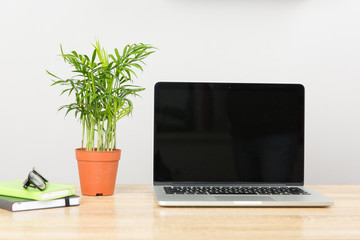 Front view of creative designer desktop with laptop ,notebook , supplies.