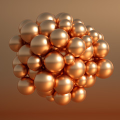 Metallic background with balls, atom, molecule. 3d illustration, 3d rendering.