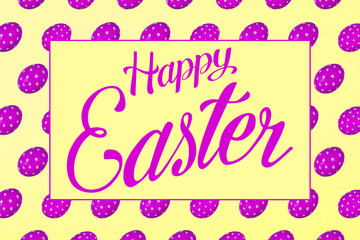 Pink Easter eggs on a yellow background. Festive preparation, pattern, repetition, banner. Text, Happy Easter, greeting card, postcard.
