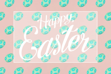 Green Easter eggs on a pink background. Festive preparation, pattern, repetition, banner. Text, Happy Easter, greeting card, postcard.