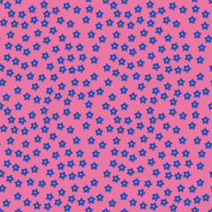 Seamless repeat pattern with flowers in blue on pink background. drawn fabric, gift wrap, wall art design, wrapping paper, background, fabric print, web page backdrop.