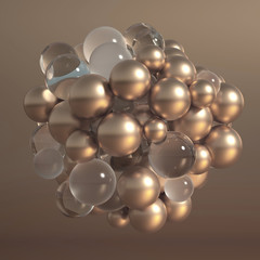 Metallic background with balls, atom, molecule. 3d illustration, 3d rendering.